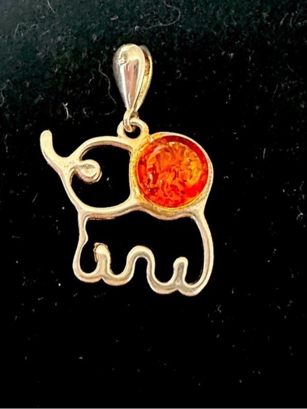.925 Sterling Silver Elephant Pendant with Orange Amber